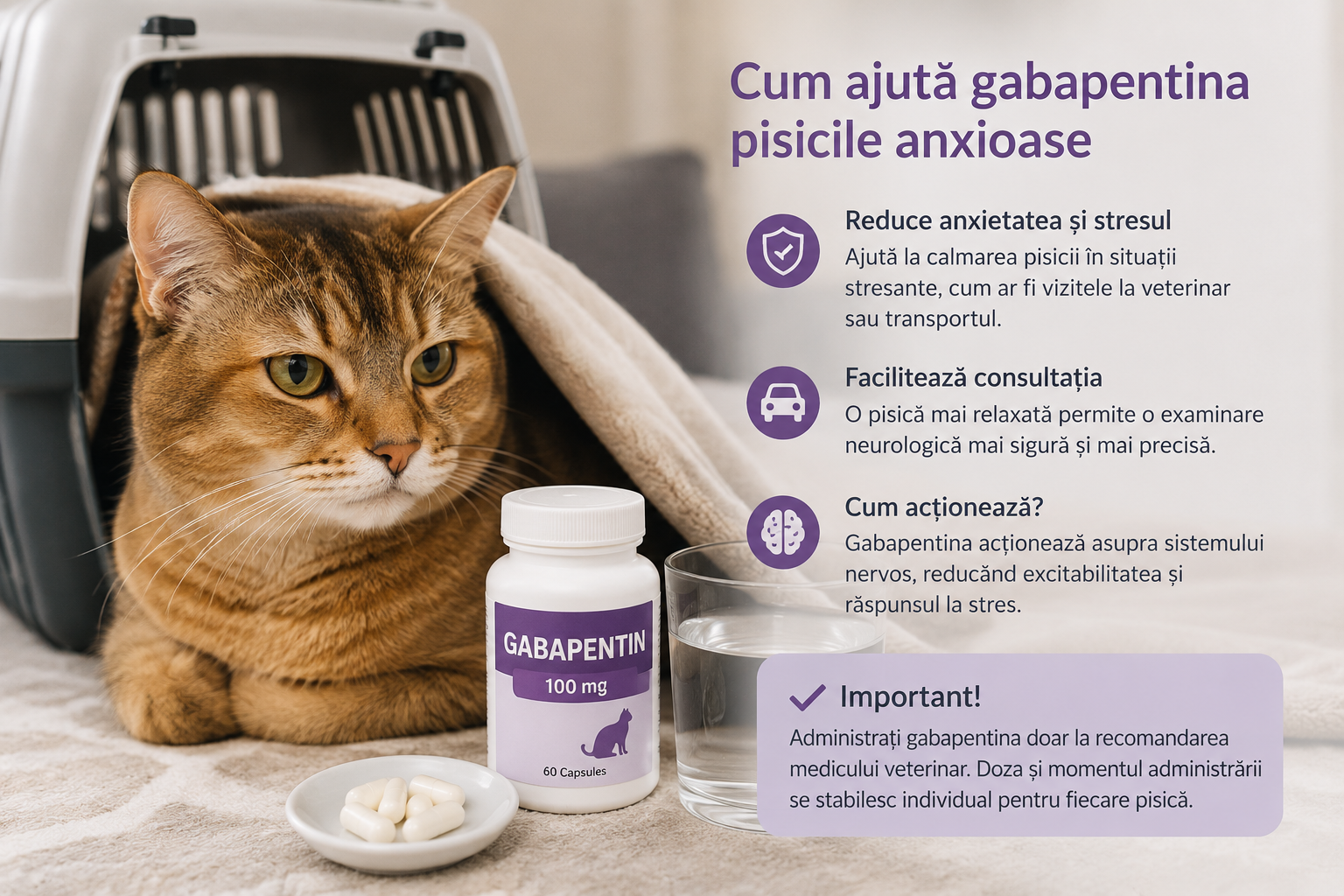Pisică tabby relaxată lângă o cutie de transport, flacon cu gabapentină și pastile pe fundal.